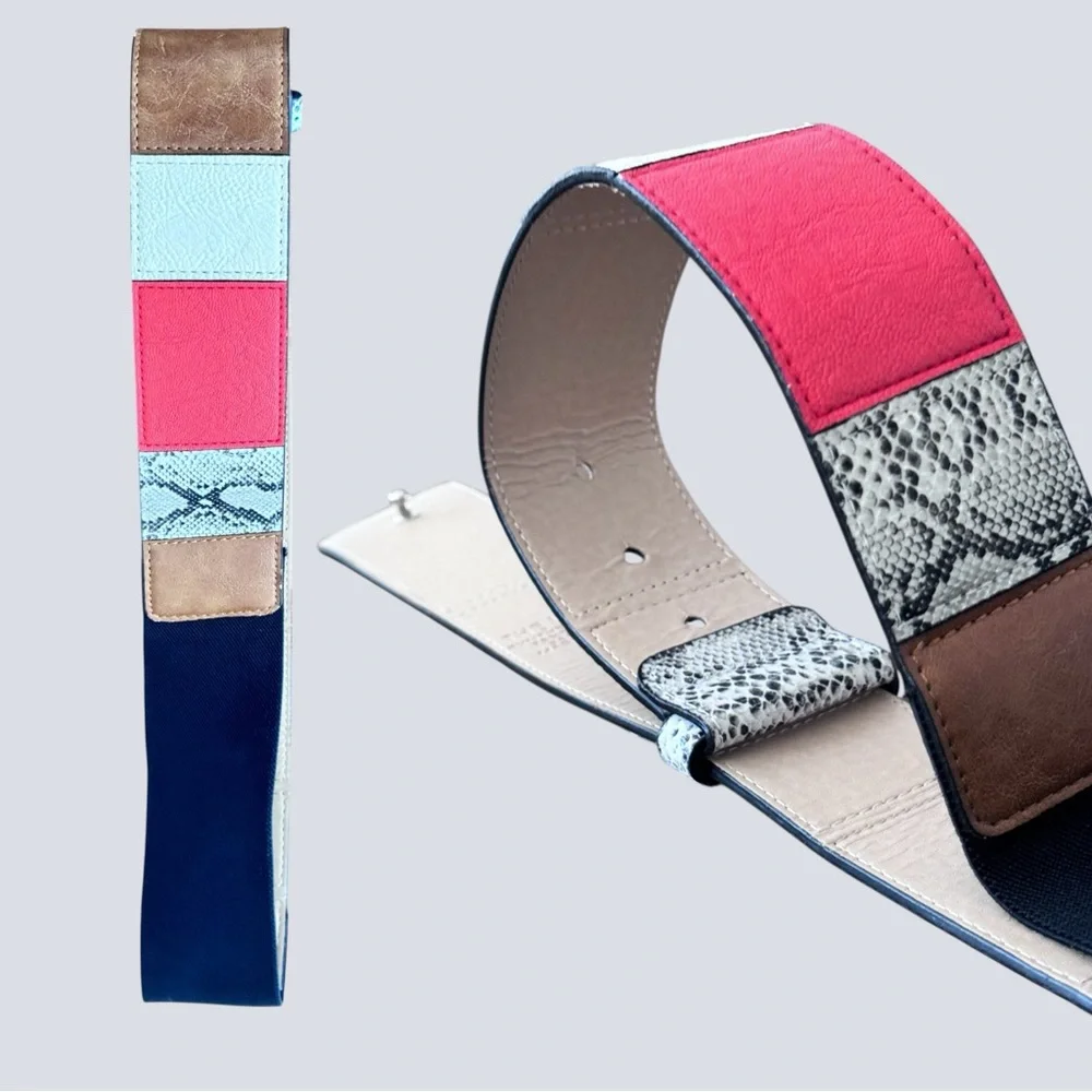 The Limited Wide Stretch Belt Sz M Colorblock Red Brown Snakeskin Elastic Waist